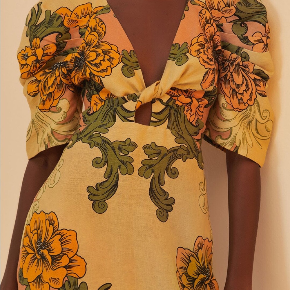 FARM Rio Crème delicate flower arabesque Euroflax ™ premium Linen Midi Dress - Picture 4 of 6